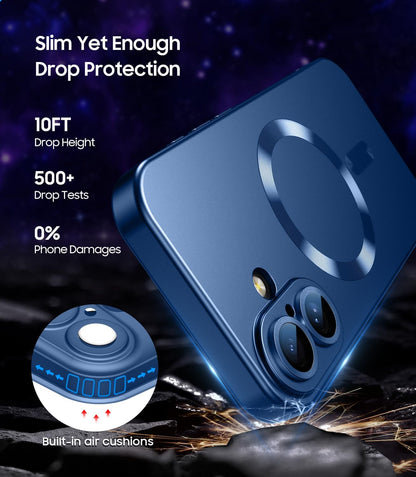 Magnetic for iPhone 16 Case [Compatible with MagSafe][Built-in Camera Lens Protector] Slim Soft Silicone Bumper Shockproof Metallic Luster Phone Case (Blue)