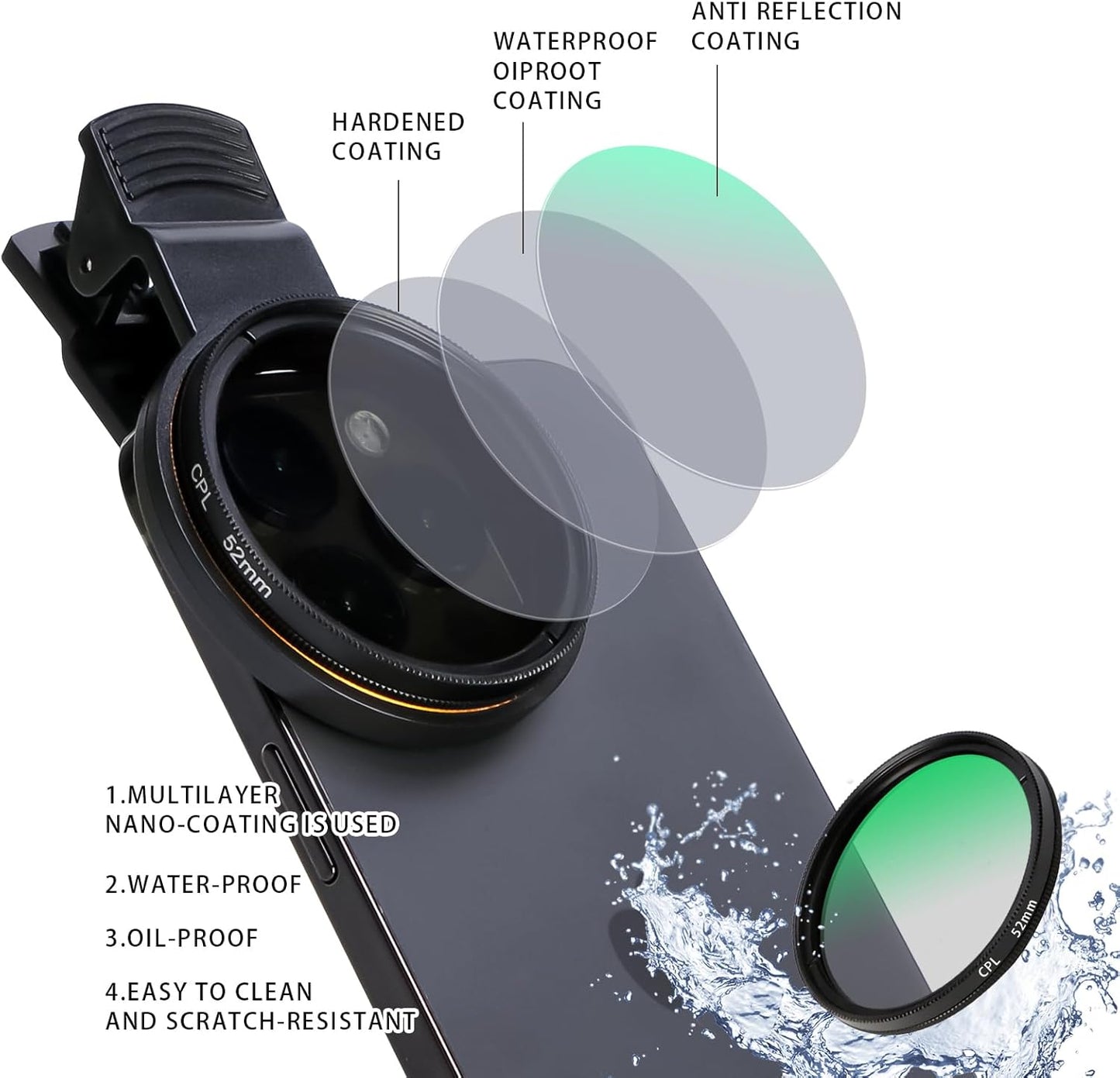 52MM Circular Polarizer Filter, Ultra Slim Multi-Coated CPL Lens Filter, Clip-on Phone Camera Filter Kit, Compatible for iPhone 15 14 13 12 11,Motorola, Google Pixel and Other Smart Phones