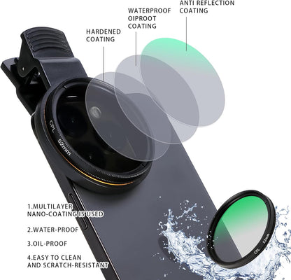 52MM Circular Polarizer Filter, Ultra Slim Multi-Coated CPL Lens Filter, Clip-on Phone Camera Filter Kit, Compatible for iPhone 15 14 13 12 11,Motorola, Google Pixel and Other Smart Phones