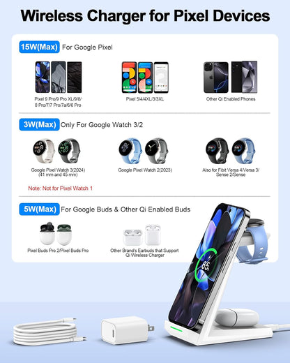 NANAMI Wireless Charger for Google - 3 in 1 Wireless Charging Station Fast Charger Stand Dock for Pixel 9 Pro XL/9/Fold/8/7/7A/6,Buds Pro 2/Pro, Watch 3/2,Fitbit Versa 4/Sense 2(Not for Pixel Watch 1)