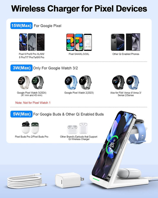 NANAMI Wireless Charger for Google - 3 in 1 Wireless Charging Station Fast Charger Stand Dock for Pixel 9 Pro XL/9/Fold/8/7/7A/6,Buds Pro 2/Pro, Watch 3/2,Fitbit Versa 4/Sense 2(Not for Pixel Watch 1)