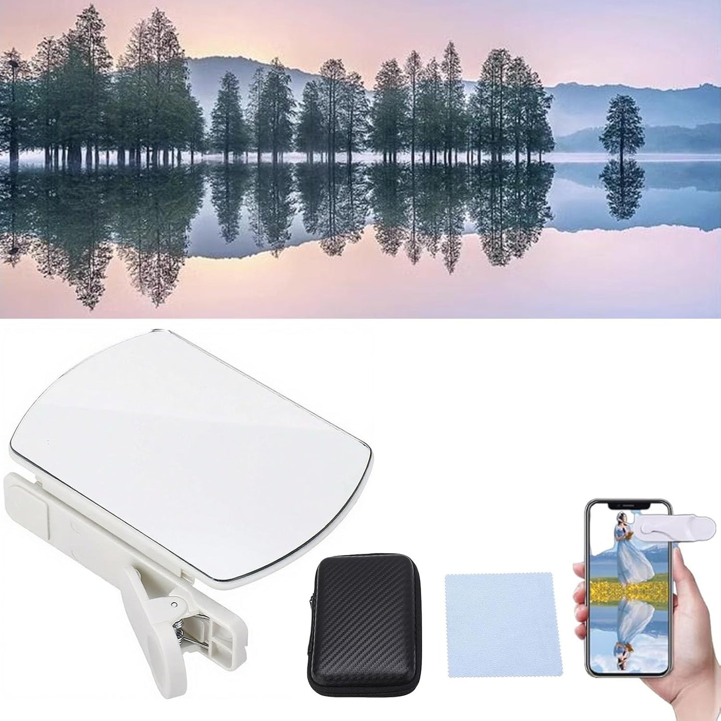 Mirror Effect Lens - Capture Stunning Reflections Instantly, Smartphone Camera Mirror Reflection Clip Kit, Adjustable HD Glass Smartphone Photography Flip Mirror for Creative Photography (White)
