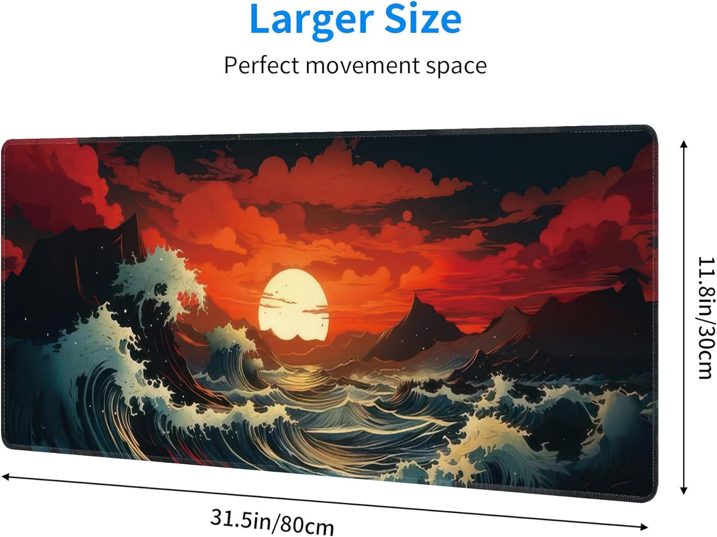 Japanese Sea Wave Large Mouse Pad,Gaming Keyboard Desk Pad,Extended Mouse Mat Non-Slip Rubber Base with Stitched Edges for Office Game Home XL 31.5"x11.8"