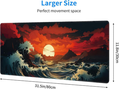 Japanese Sea Wave Large Mouse Pad,Gaming Keyboard Desk Pad,Extended Mouse Mat Non-Slip Rubber Base with Stitched Edges for Office Game Home XL 31.5"x11.8"