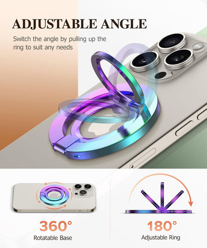 GVIEWIN Magnetic Phone Ring Holder, Compatible with MagSafe Phone Grip with Adjustable Stand, Magnet Phone Ring Kickstand for iPhone 16 Pro Max/Plus/15/14/13/12 Series/Other Phones (Colorful)