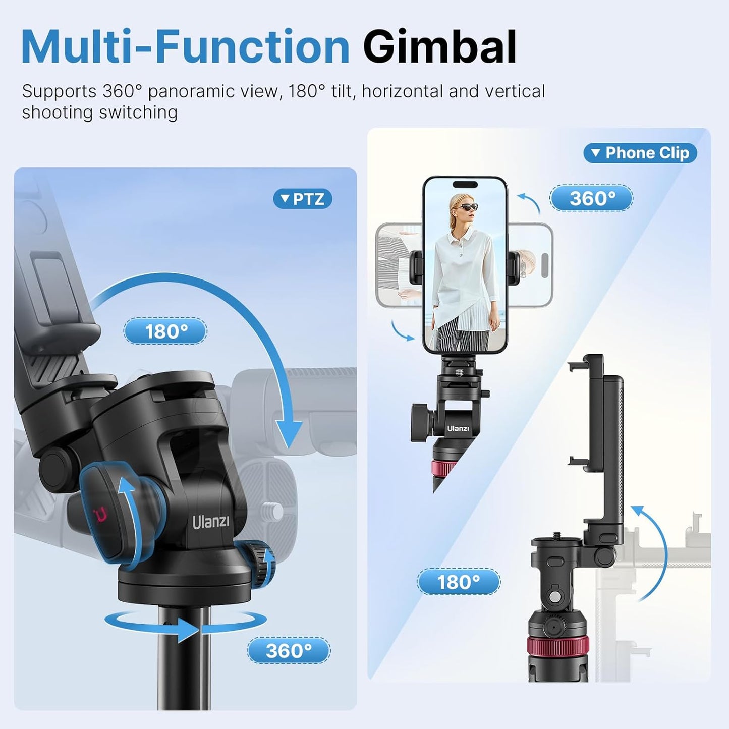 ULANZI MT-78 Extendable Phone Tripod, Metal 72.83" Selfie Stick Camera Tripod Stand with 2 in 1 Phone Clip, 360° Ball Head Camera Tripod with Cold Shoe for iPhone Sony Canon, Lightweight for Travel