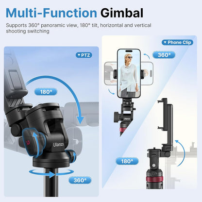 ULANZI MT-78 Extendable Phone Tripod, Metal 72.83" Selfie Stick Camera Tripod Stand with 2 in 1 Phone Clip, 360° Ball Head Camera Tripod with Cold Shoe for iPhone Sony Canon, Lightweight for Travel