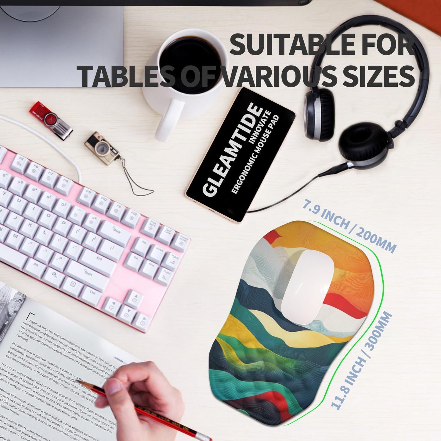 Ergonomic Raised Mouse Pad Wrist Support with Bilateral Slope Memory Foam Mousepad for Wrist Rest and Carpal Tunnel Pain Relief 11.8x7.9〃Colorful Lines