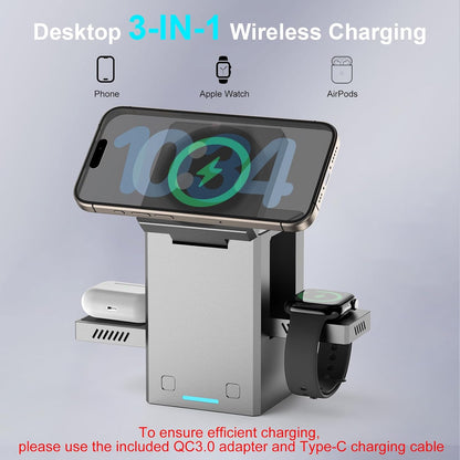25W 3 in 1 Charging Station for Apple Devices,Auto Open/Close Mag-Safe Wireless Charging Stand Cube,Travel Wireless Charger Dock for iPhone 16/15/14Series & Apple Watch & AirPods (Metal Gray)