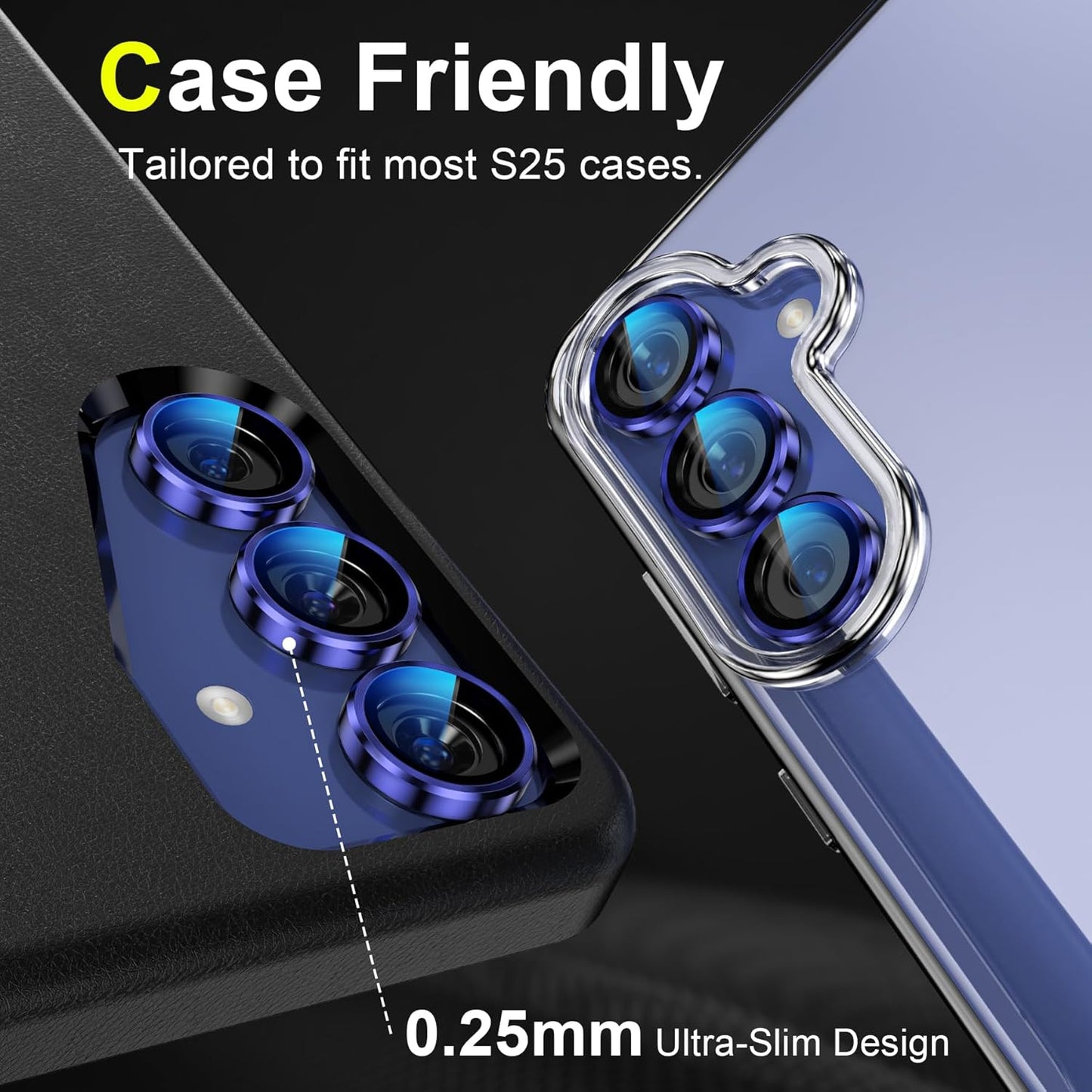 YWXTW Camera Lens Protector for Samsung Galaxy S25 Accessories [1:1 Fit & Ultra Clarity] 9H Tempered Glass Metal Individual Ring Camera Cover Screen Protector for S25, Case Friendly (Navy)