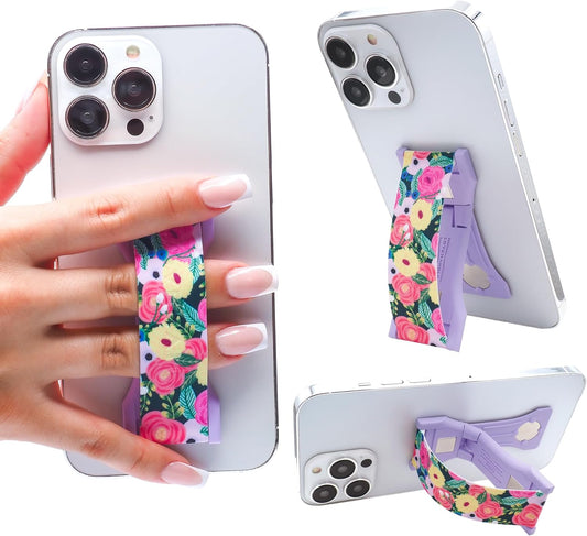 LOVEHANDLE PRO Premium Phone Grip - Silicone Phone Strap - Magnetic Phone Mount and Kickstand for Smartphone and Tablet - Camellias