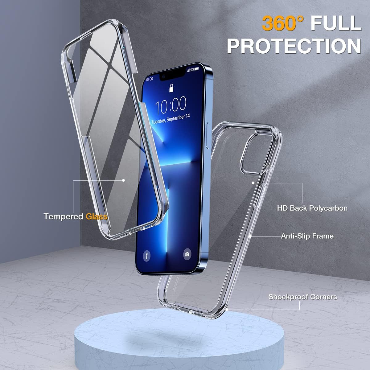 Miracase Glass Case for iPhone 13 Pro Max 6.7 inch, Upgrade Full-Body Clear Phone Bumper Case Cover with Built-in 9H Tempered Glass Screen Protector, Clear