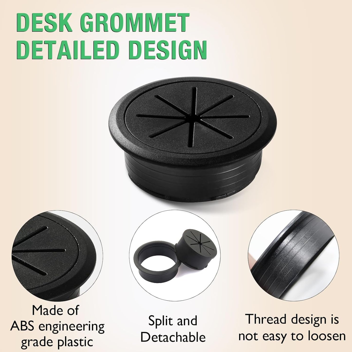 5 Pcs Desk Grommet 2" / 50 mm, Desk Hole Cover for Cables Black, Cable Grommet ABS Plastic, Desk Hole Grommet for Home & Office Pc, Detachable Cable Cord Organizer