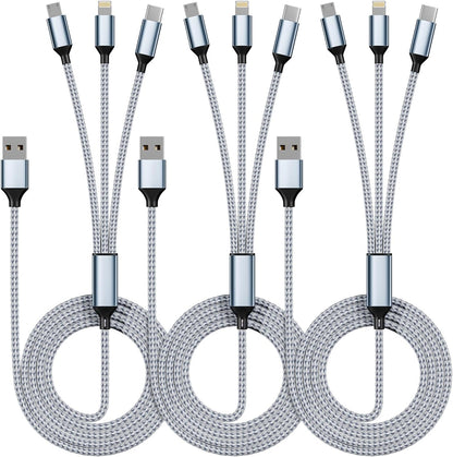 IDISON Multi Charging Cable(3Pack 4FT), 3 in 1 Charging Cable Nylon Braided Multiple USB Cable Universal Charging Cord with Type-C, Micro USB and IP Port for Cell Phones and More