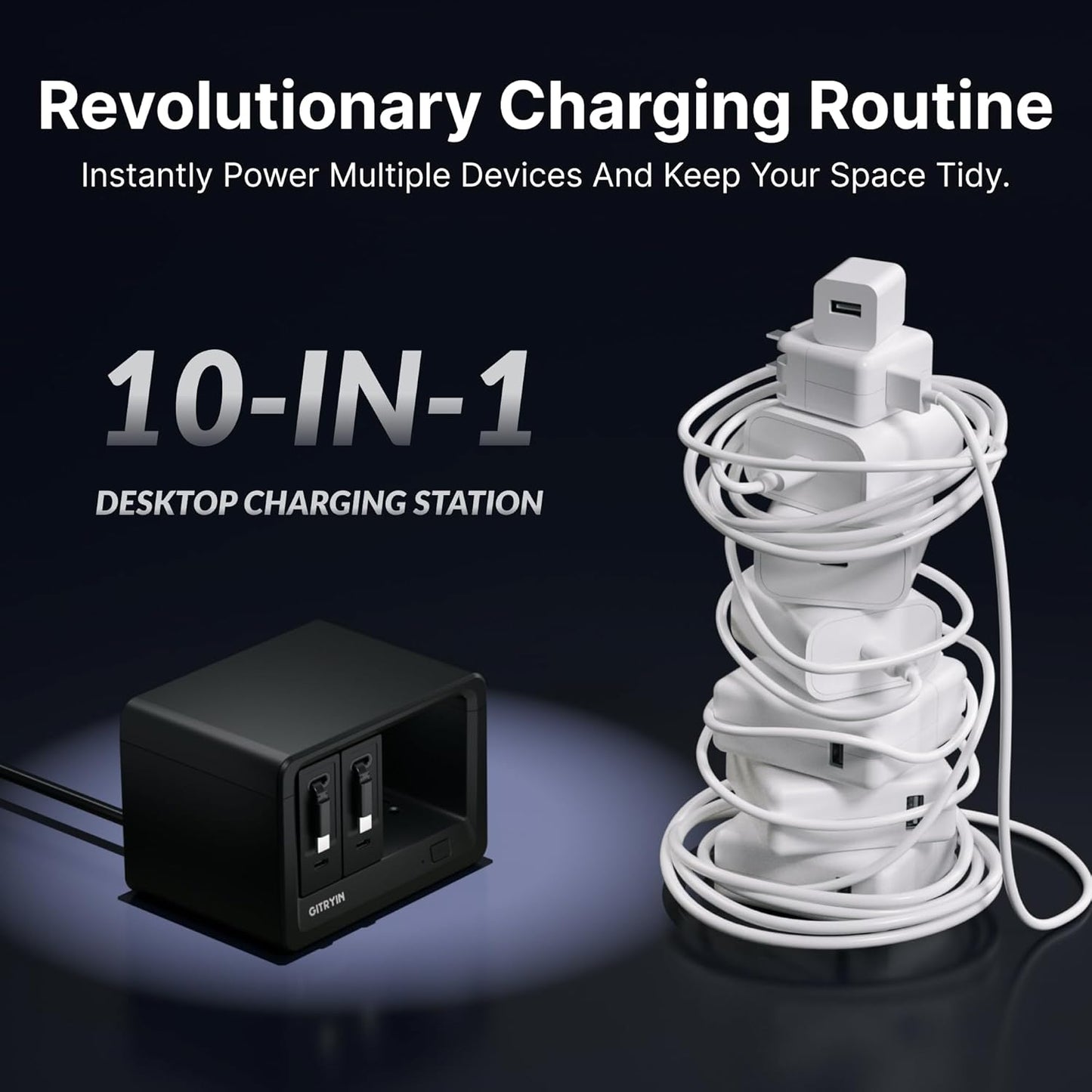 Gitryin 10-in-1 Desktop Charging Station with 2 Retractable Type-C Wall Chargers, 40W USB-C Power Strip with Flat Plug, Extension Cord with 1020J Surge Protection for Home Office