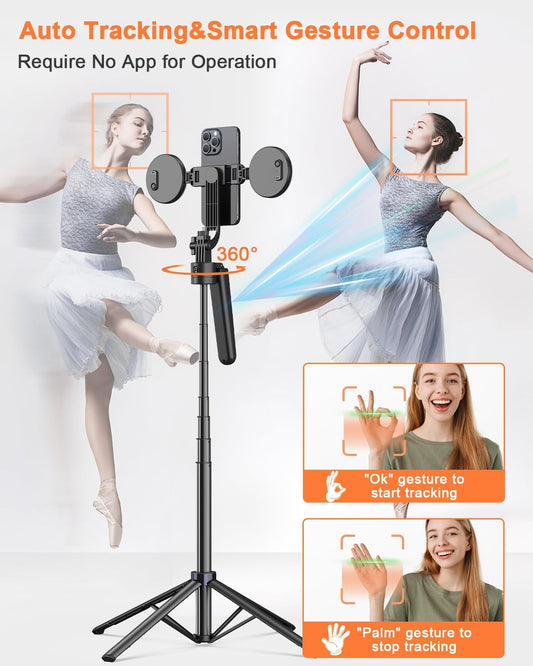 71” Auto Face Tracking Tripod for iPhone with Light,360° Rotating Phone Stand with Rechargeable Remote Control for TikTok Vlog Video Recording, Phone Tripod for Android Camera/GoPro/Ring Light