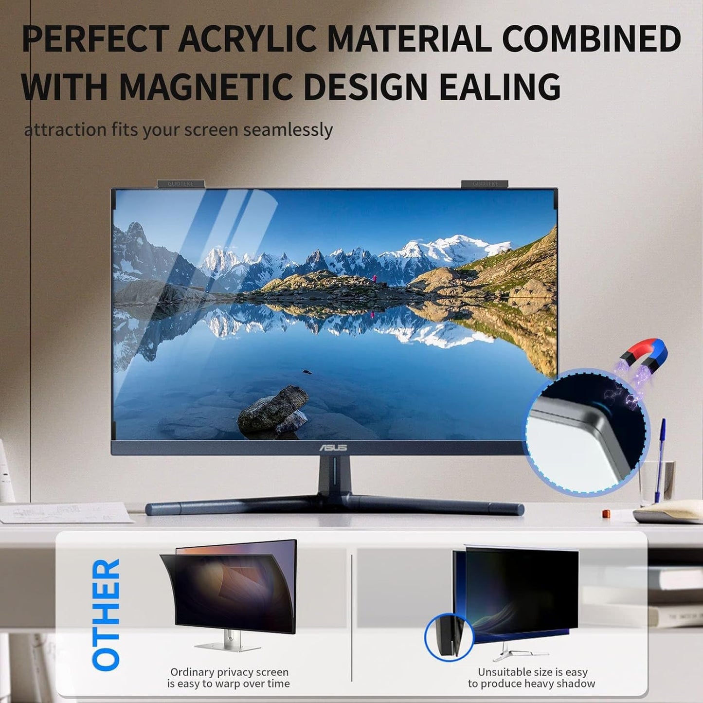 Magnetic Monitor Privacy Screen 27 inch, 9H Hanging Privacy Screen for Computer Monitor for 16:9 Frameless Monitor, Acrylic Eye Protection Anti Glare Blue Light Computer Screen Privacy Filter