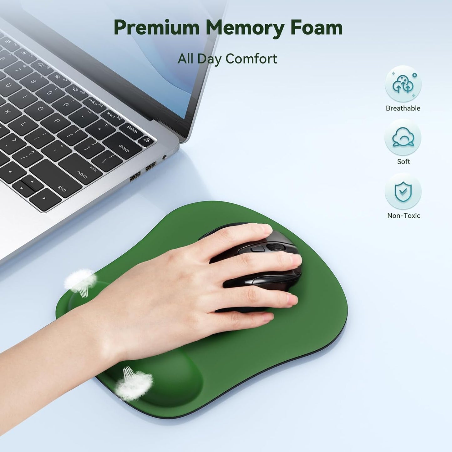 TECKNET 2 Pack Mouse Pad with Wrist Support, Ergonomic Gaming Mouse Pad Pain Relief, Portable Comfortable Mousepad for Computer, Laptop, Office, Home Non-Slip Base, Waterproof Surface - Green