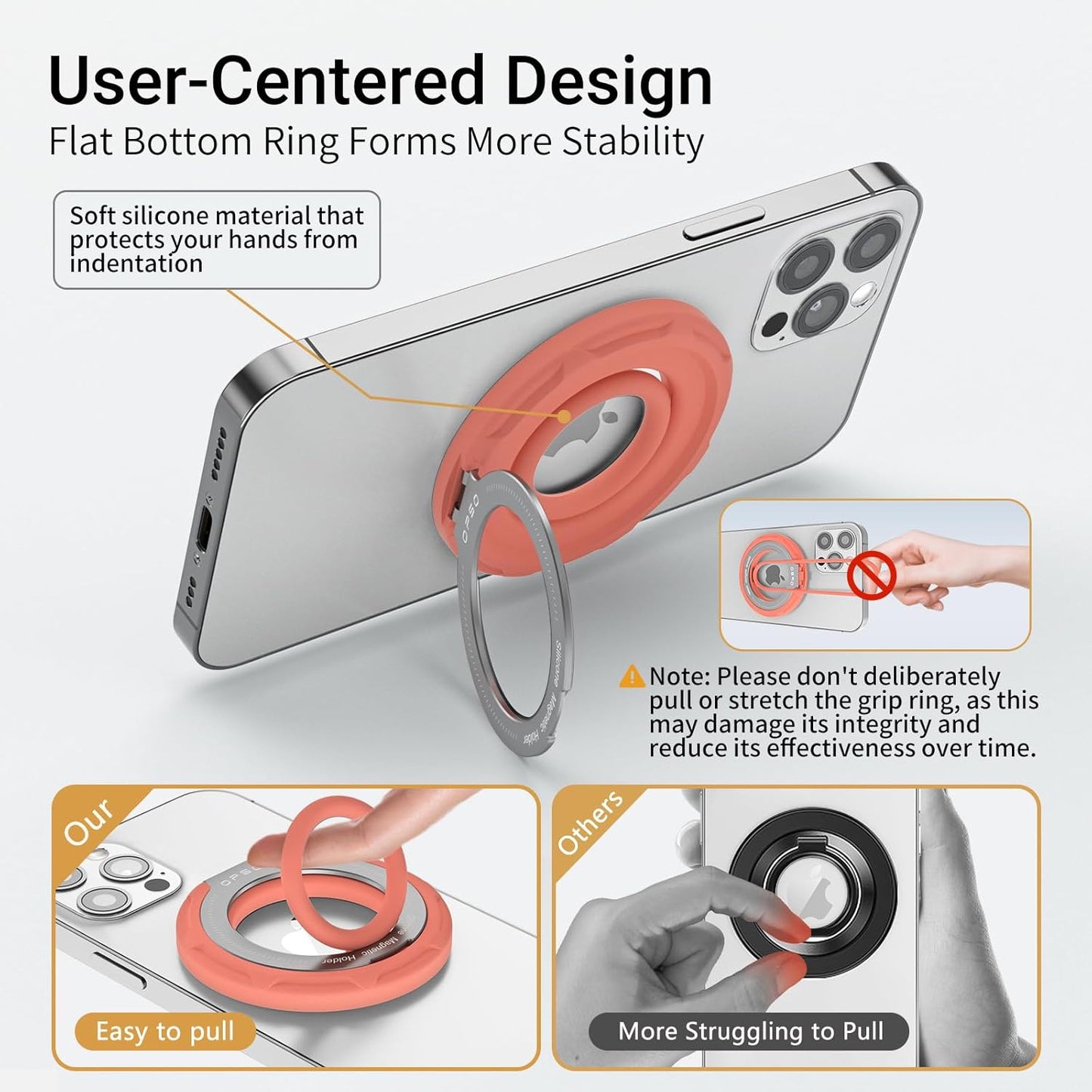 OPSO Magnetic Phone Ring Holder for MagSafe, 360 Degree Rotation Silicone Finger Ring Grip Stand Holder, Adjustable Kickstand, Compatible with iPhone 16 15 14 13 12/Pro/Max, Samsung and All Smartphone