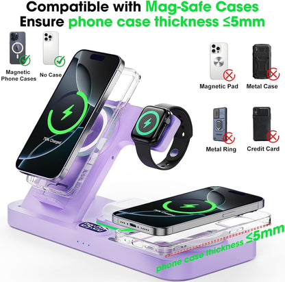 Dual Phone Wireless Charging Station for Apple Devices, Magnetic Charging Station for iPhone with Auto Switch 7-Color Light&Clock,Family Watch Charger for iPhone17 for iWatch10 for AirPods Pro3(Purple