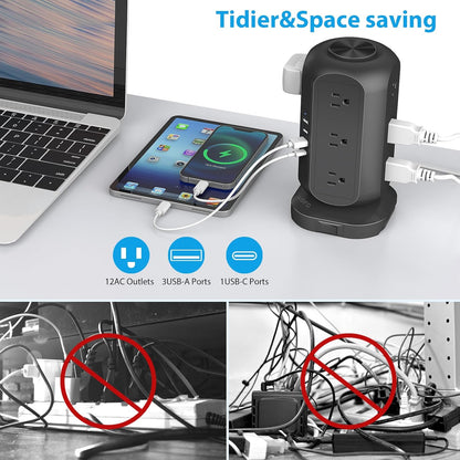 Long Extension Cord 15 ft Power Strip Tower, Surge Protector 12 AC Outlets 4 USB(1 USB C) Ports, Charging Tower Overload Protection with Multiple Outlets for Home Office