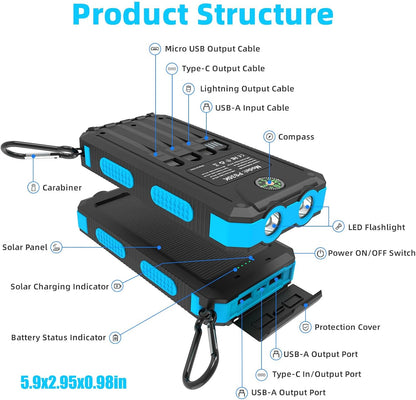Solar Charger, 20000mAh Portable Type-C Solar Power Bank with 4 Cables, Waterproof Battery Pack, Outdoor External Backup Power Charger Six Outputs/LED Flashlights, Perfect for Camping Travel