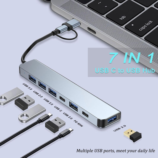 VIENON Aluminum USB C & USB Hub 7-in-1 with USB 3.0, USB-C Ports for PC/Laptops/MacBook Pro/Air/iMac/iPad and More Devices