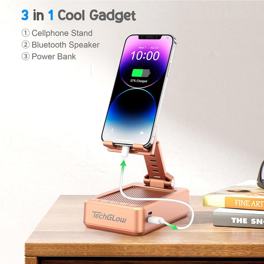 TechGlow Gifts for Men Women Foldable Cellphone Stand with Bluetooth Speaker and Power Bank Birthday Gift Idea for Mom Dad Cool Gadget Tech Gifts-Rose Gold