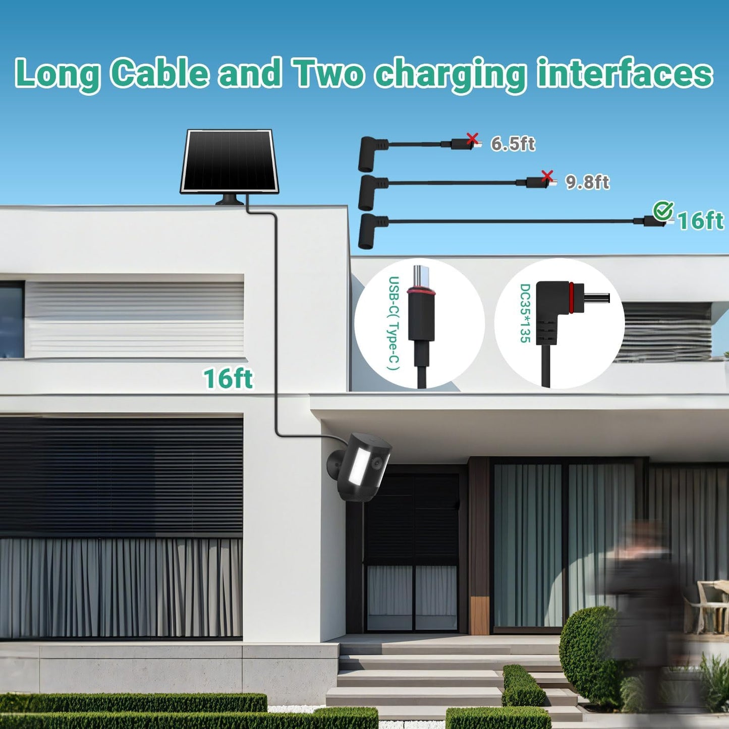 2-Pack Solar Panel Charger for Ring Camera, 8W High-Efficiency - Compatible with Ring Spotlight & Stick Up Cam Pro/Plus, 16ft Long Cable, 3.5mm to USB-C Adapter, IP65 Waterproof, Black