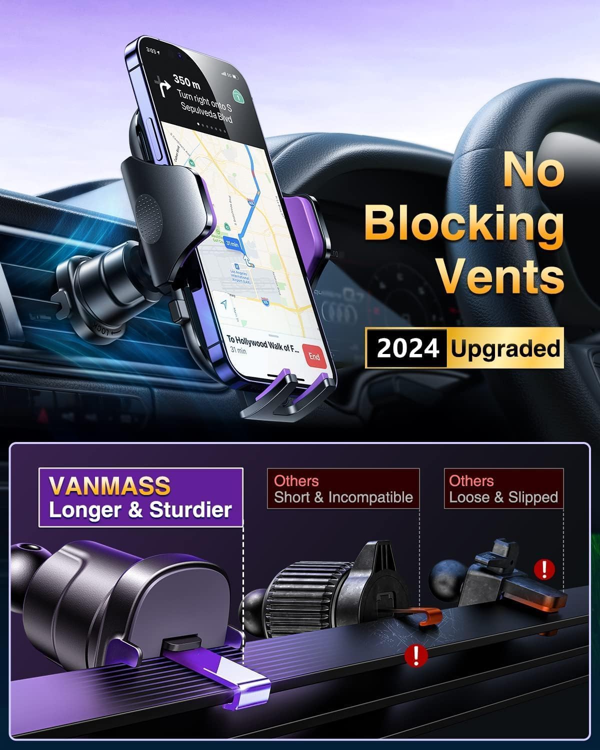 VANMASS [Longest Lasting] True Military-Grade Car Phone Holder Strongest Suction & Clip Cell Mount Dashboard Windshield Vent Automobile Cradle Truck Accessories for iPhone 16 15 Pro Max 14 13 Android