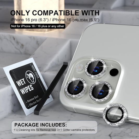 Choiche Compatible for iPhone 16 Pro/iPhone 16 Pro Max Camera Lens Protector Bling, 9H Tempered Glass Camera Cover Screen Protector Metal Ring Decoration Accessories (Glitter-Silver)