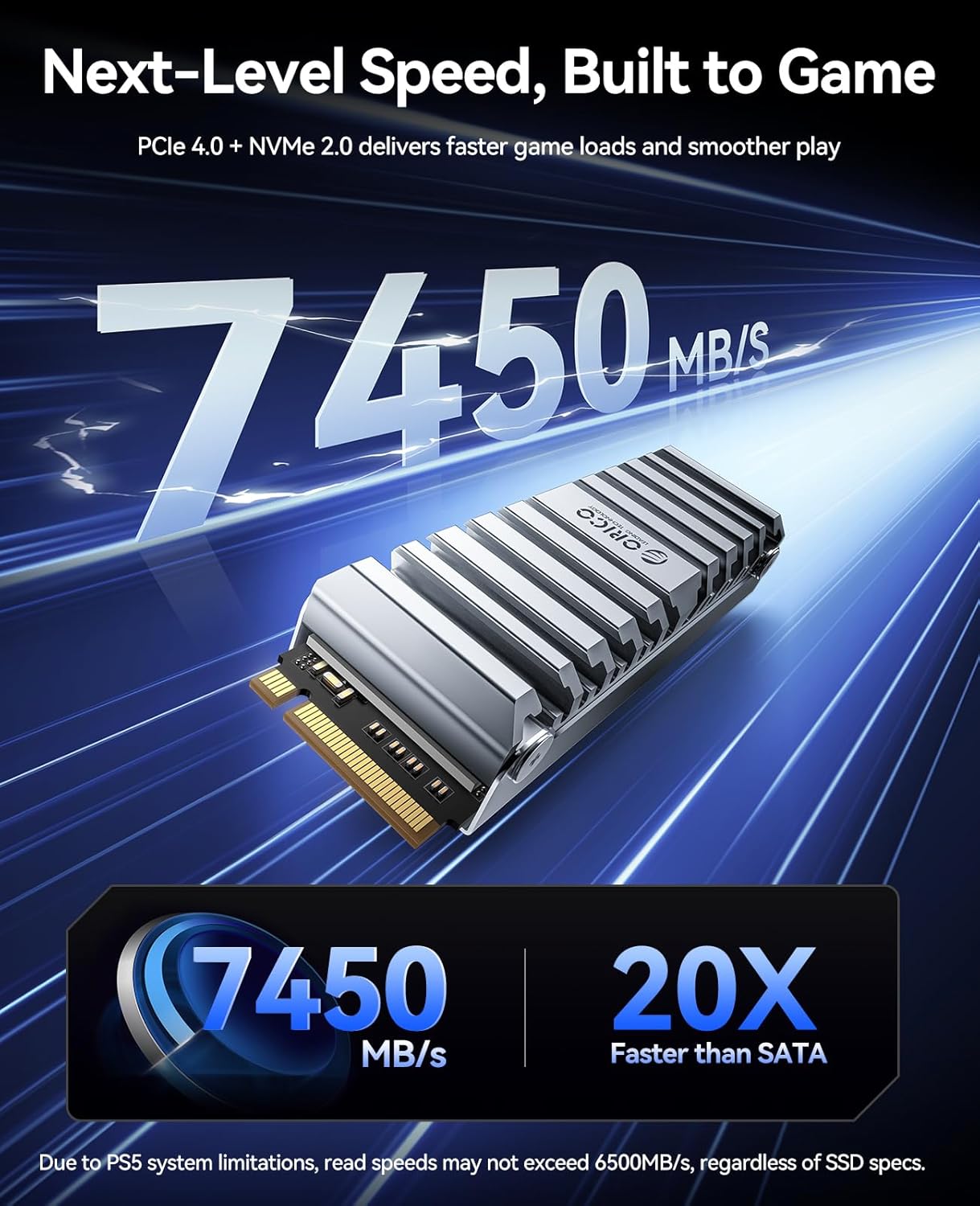 ORICO OS5 2TB M.2 SSD for PS5 Storage Expansion, M.2 PCIe 4.0 NVMe Gaming SSD with TLC NAND, 7450MB/s Read, Pre-Installed Heatsink Designed for PS5 Airflow, Ready for Direct Installation