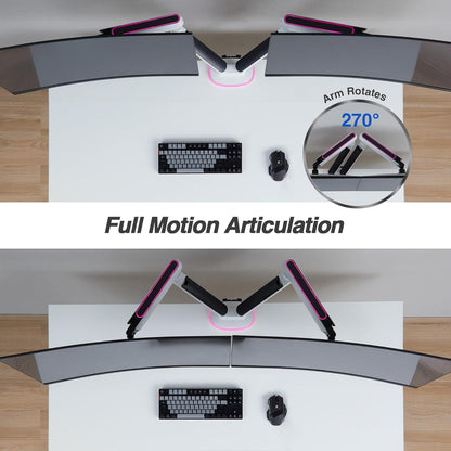 AVLT Dual 27”-43” RGB Gaming Monitor Arm Desk Mount Built-in 20 Lighting Modes Touch Button Control Fits Flat/Curved/Ultrawide Screen Height Swivel Tilt Rotation Adjustable Stand -White