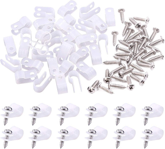 Swpeet 120 Pack White 5/16 Inch Nylon Plastic R-Type Cable Clips Clamp Kit, Nylon Screw Mounting Cord Fastener Clips with 120 Pack Screws for Wire Management (5/16 Inch, White)