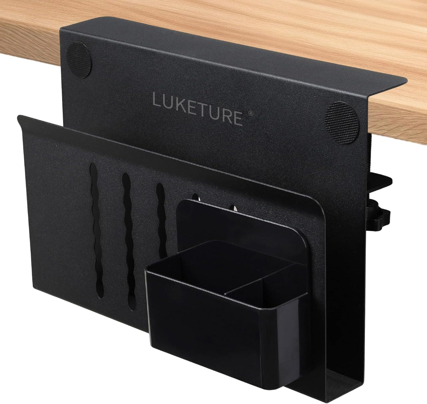 LUKETURE Laptop Holder, Steel Desk Side Storage, No Drill Standing Desk Accessories, Clamp on Laptop Mount with Pen Holder, Fits Flat Edge Tables 0.3" to 2.8" (Black, M(1 Tier))