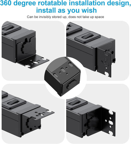 HHSOET 360° Rotating 12 Outlet Mountable Power Strip, Aluminum Alloy Power Strip Extension Cord, Heavy Duty Wall Mount Surge Protector with Switch, Works Great and Very Versatile, 6ft Power Cord.Black