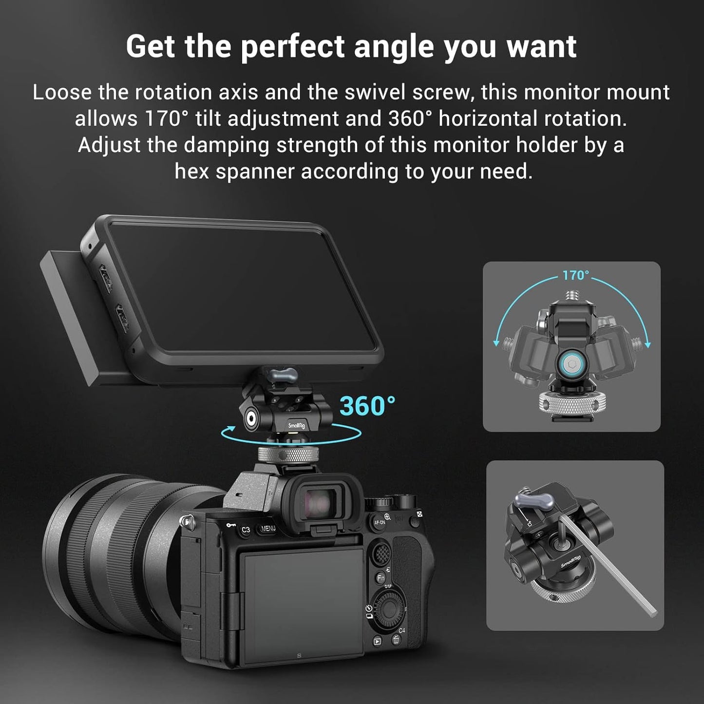 SmallRig Quick Release Camera Monitor Mount with Cold Shoe, Supports Swivel 360° and Tilt 170° Adjustable, Drop-in HawkLock Camera Hot Cold Shoe Monitor Holder for 5" & 7" Monitor - 3514C