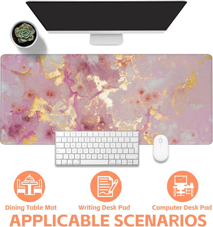 Mouse Pad Large Pink and Gold Marble Non-Slip Gaming Desk Mat with Stitched Edge Laptop Keyboard Desk Pad for Work Home Gaming (35.4 x 15.7 Inches)