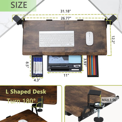 ETHU Keyboard Tray Under Desk, Ergonomic Corner Keyboard Tray with 180° Adjustable C Clamp for L Shape Desk 26.77" X 12.2" Easy to Install, Computer Keyboard Stand for Home and Office(Wood)