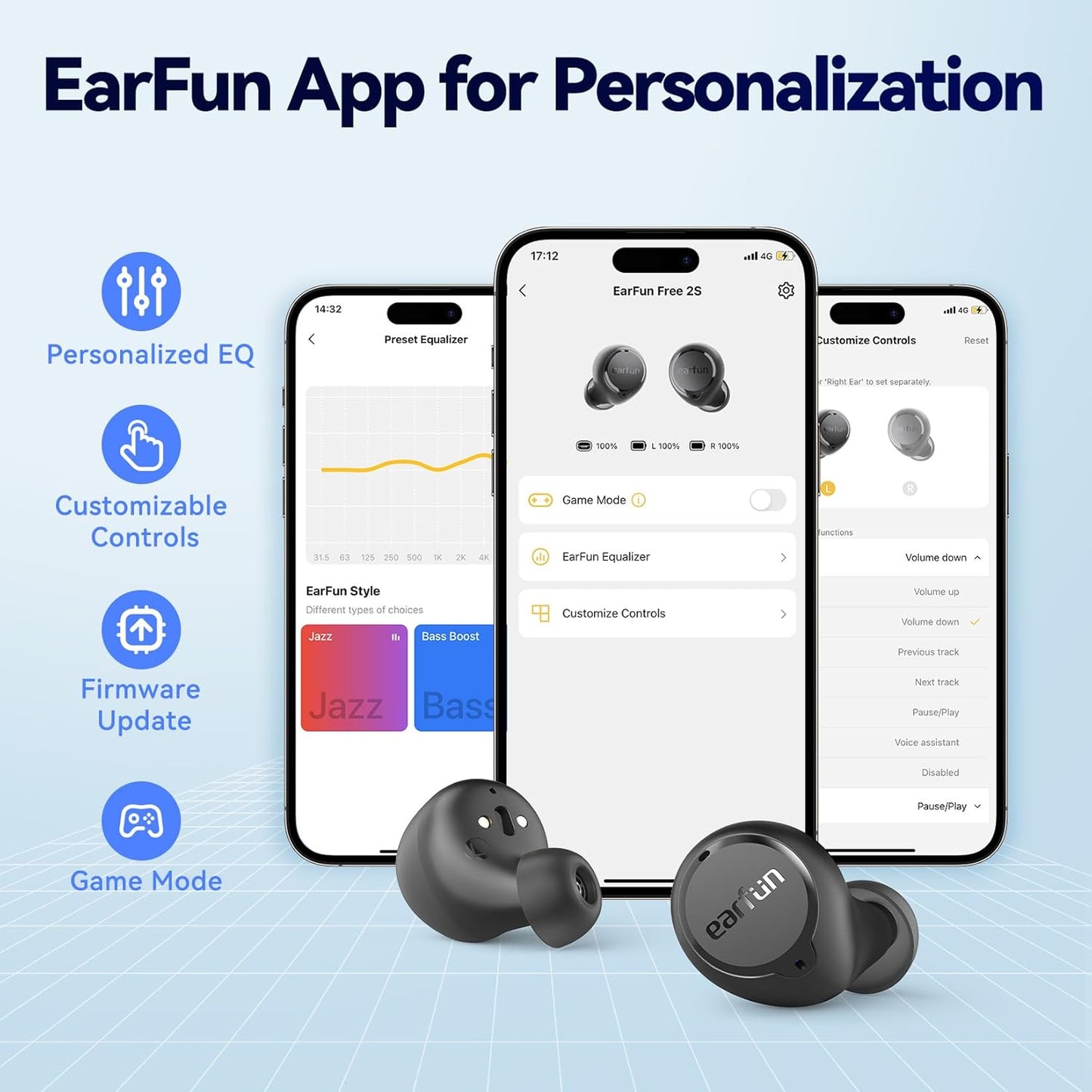 EarFun Free 2S Wireless Earbuds, [Upgraded Version] Bluetooth Earbuds with Deep Bass, 4 Mics for Clear Call, Customizable EQ App, IPX7 Waterproof in-Ear Headphones, 30H Playtime, Wireless Charging