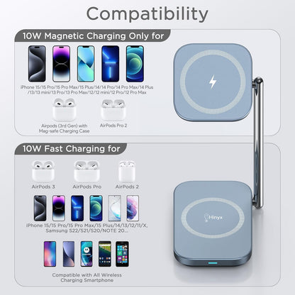 2-in-1 MagSafe Charger Stand, 20W Foldable Travel Fast Magnetic Wireless Charger, Zinc Alloy Wireless Charging Station for iPhone 15/14/13/12 Series, AirPods Pro/3/2