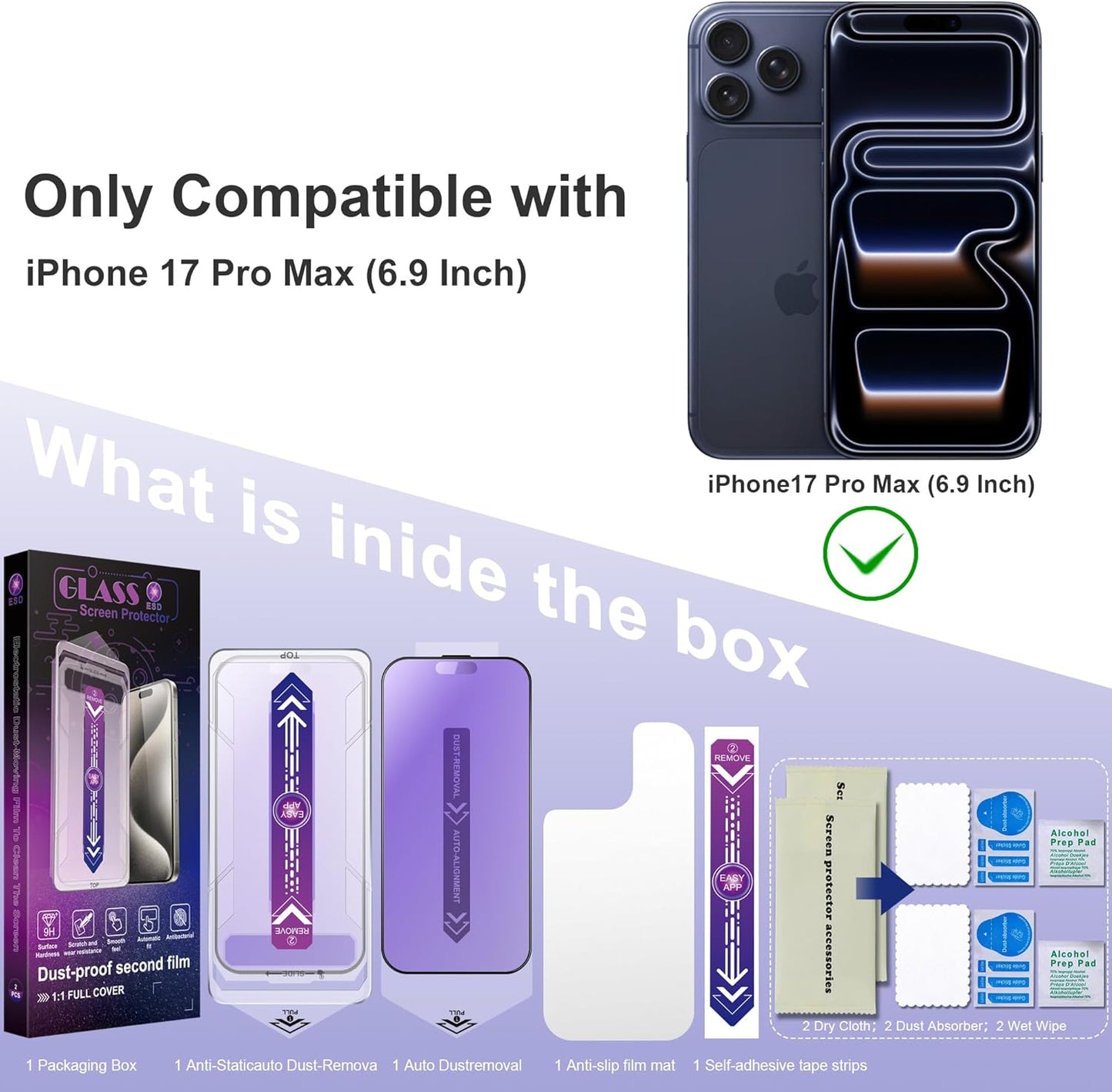 Matte Screen Protector for iPhone 17 Pro Max 6.9-Inch, Auto Dust Removal, 9H Tempered Glass, Full Cover, Anti-Fingerprint, Easy Installation, 2 Pack