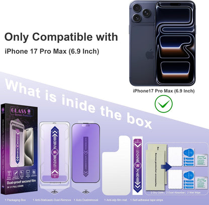 Matte Screen Protector for iPhone 17 Pro Max 6.9-Inch, Auto Dust Removal, 9H Tempered Glass, Full Cover, Anti-Fingerprint, Easy Installation, 2 Pack