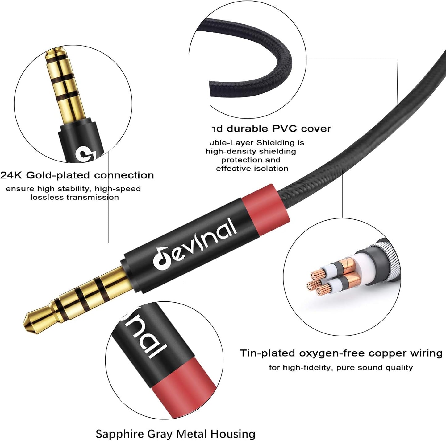 Devinal 3.5mm TRRS Headphone Extension Cable, 1/8" inch Female 4-Pole to Male Extension Cord, Mini-Jack Aux Stereo Audio Connector 6.6Ft/2M (2 Pack)