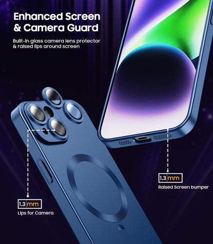 Magnetic for iPhone 14 Case [Compatible with MagSafe][Built-in Camera Lens Protector] Slim Soft Silicone Bumper Shockproof Metallic Luster Phone Case (Blue)