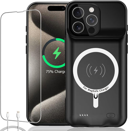 Battery Case for iPhone 15 Pro, Full Encircle 10000mAh High Capacity Rechargeable Portable Charger Case Extended Battery Pack for iPhone 15 Pro (6.1 inch) Wireless Charging Case with Carplay-Black