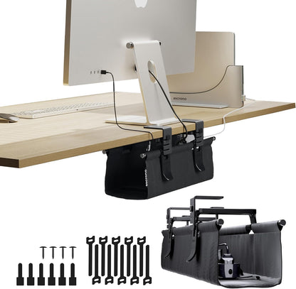Ascrono Original No Drill Under Desk Cable Management Tray 14.1" - Premium Black Fabric Cable Management Under Desk - Clamp/Screw Mount Cord Organizer - Supports Upto 66lbs