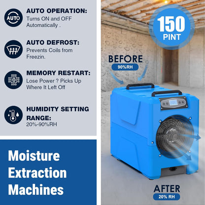 MOUNTO Commercial Dehumidifier, 150 Pint High-Capacity, Includes Pump Drain Hose for Water Damage Restoration, Ideal for Basements, Warehouses & Job Sites