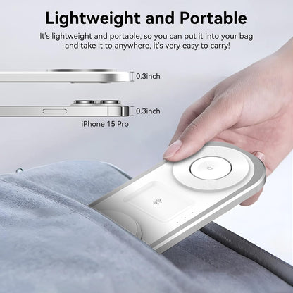 3 in 1 Fast Wireless Charger Stand for iPhone, Foldable Travel Charging Station for Magsafe for iPhone 17/Air/16/15/14/13/12 Series, Apple Watch Series, AirPods pro/2/3/4, Gifts for Women Men (Silver)