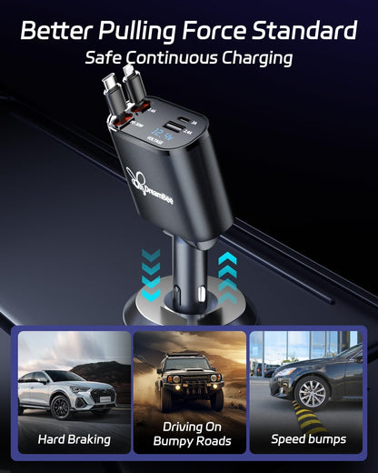 DreamBee Retractable Car Charger,66W 4 in 1 Super Fast Charge Car Phone Charger,Gifts for Men Women Car Truck Accessories for iPhone 15/14/13/12 Pro Max XR,iPad,Samsung,Pixel